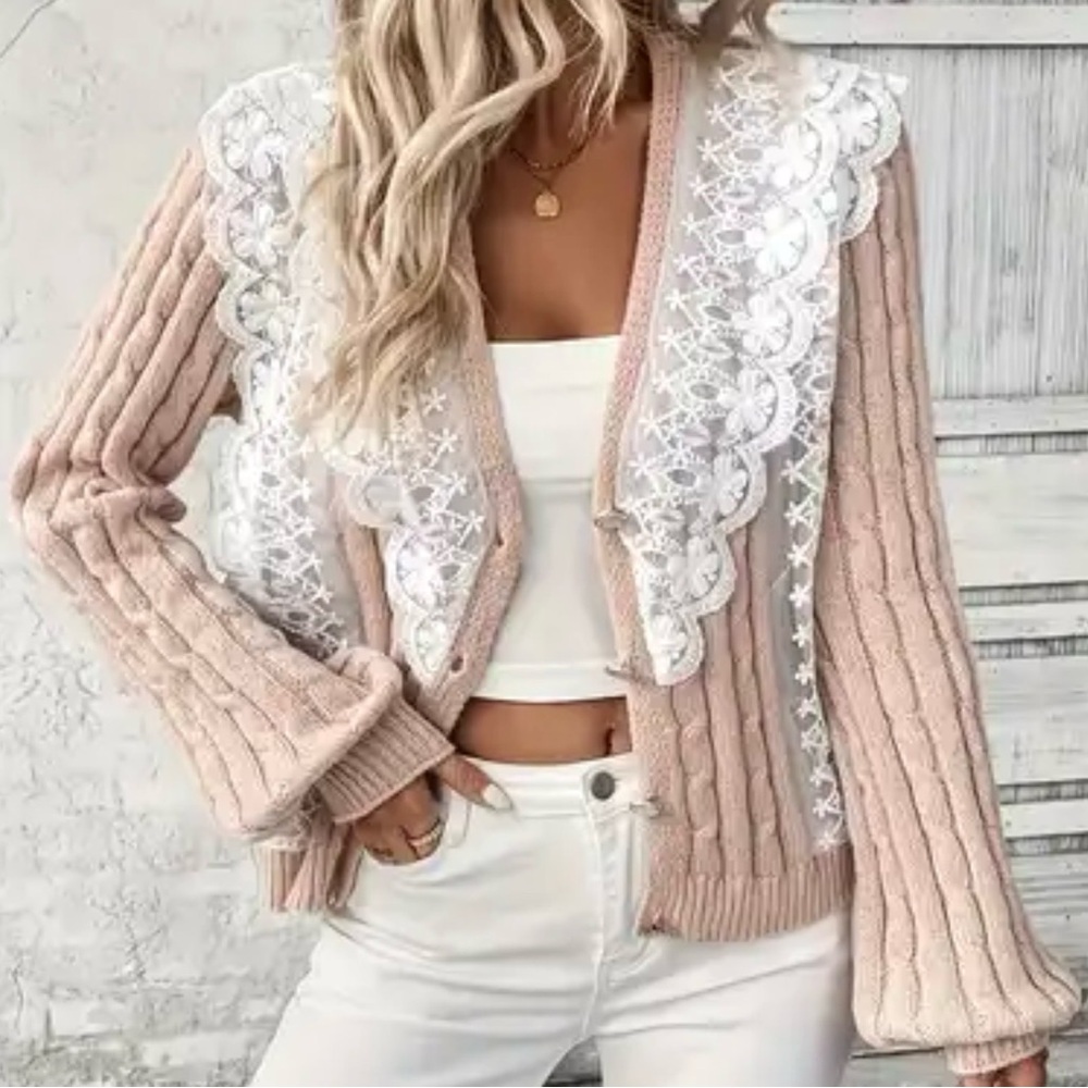 Elegant Beige Cardigan with Lace Details